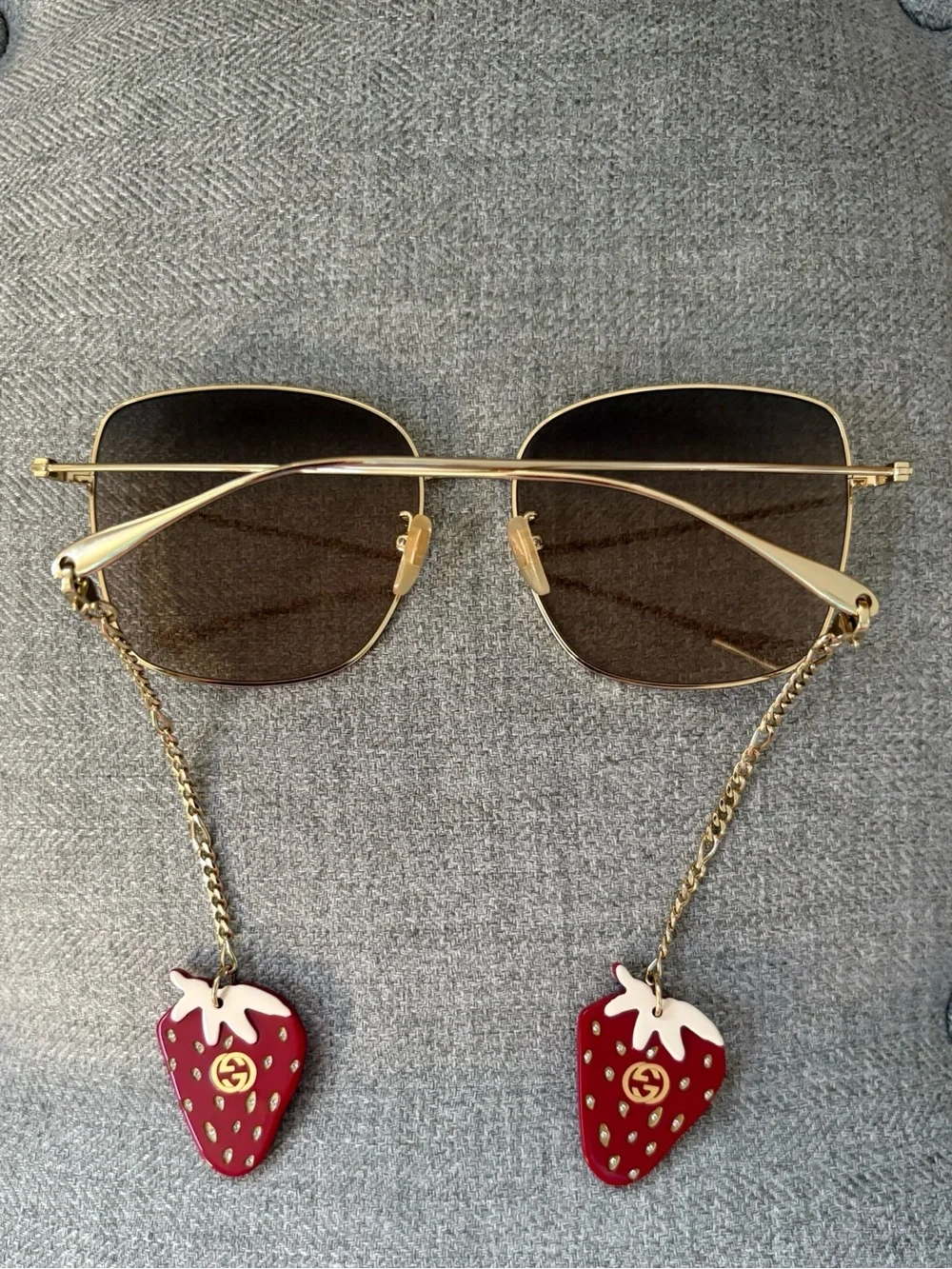 Gucci Oversized Square Gold Metal Sunglasses Strawberry Charms $625 GG1030SK
